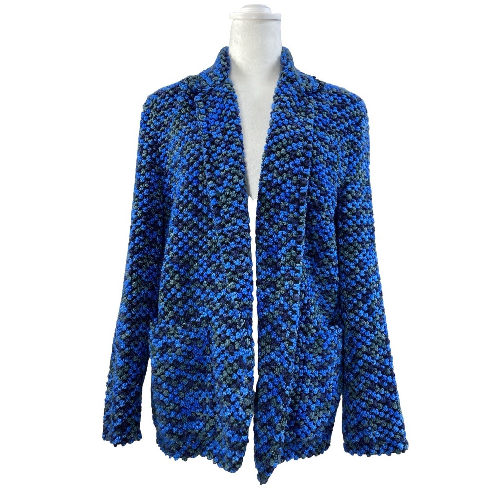 Louise Sweater Cardigan Womens M Blue Geometric Chunky Knit Open Front Italy